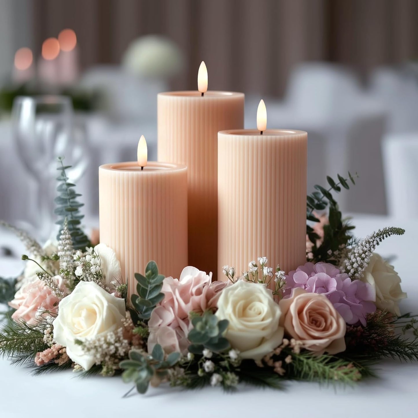 Ribbed Fluted Real Wax Flameless LED Pillar Candles, Loden Sage Olive Green, Melted-Wax Top Look, Flickering Flame, Battery Operated, Remote & Timer, Shelf & Wedding Decor (Set of 3)