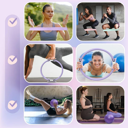 Pilates Ring Set: 35cm Magic Circle with Dual Padded Handles, Pilates Mini Ball, and Resistance Bands (15, 25, 35 lbs) for Strength, Flexibility, Stability, and Body Toning