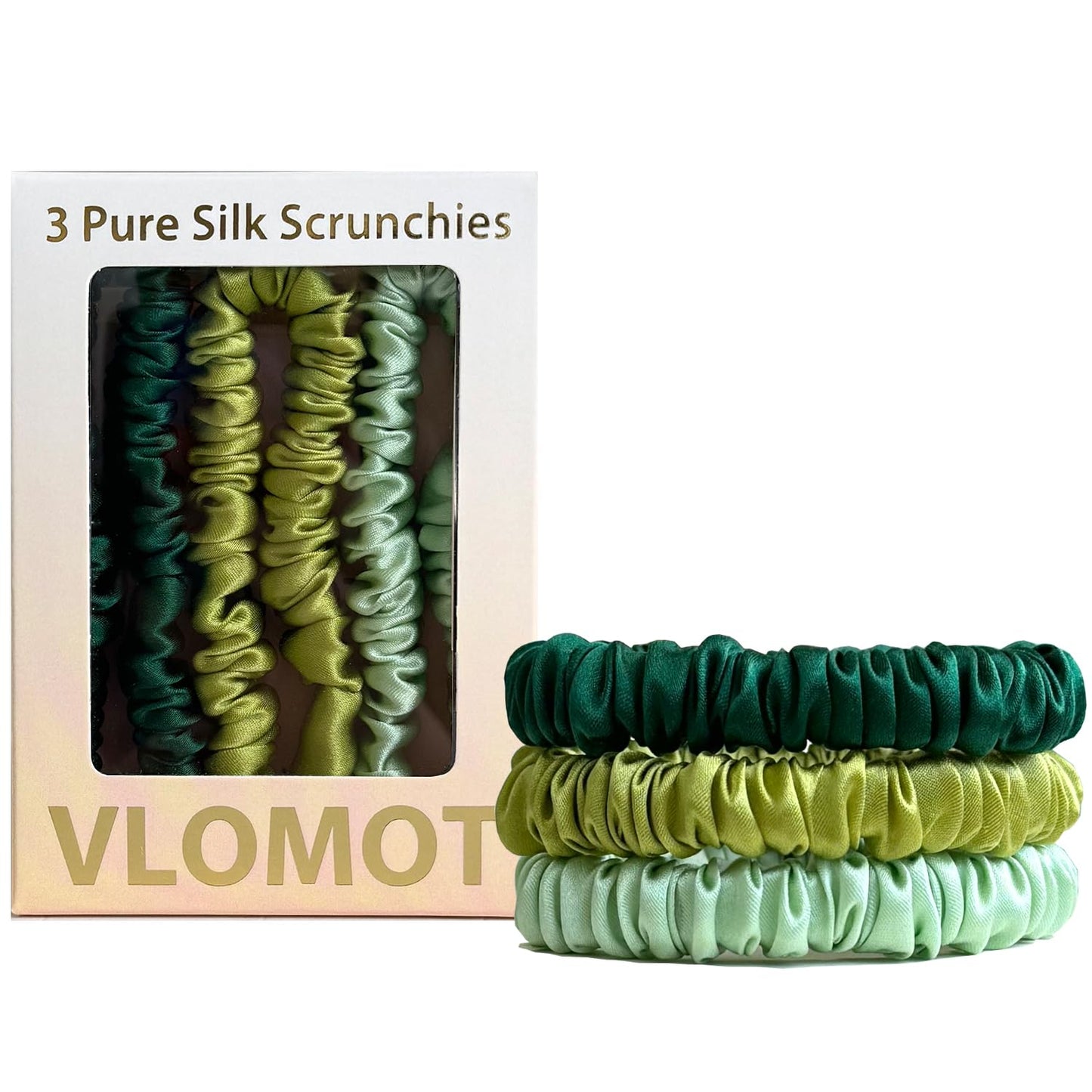 VLOMOT 3 Pcs Set 100% Pure Mulberry Silk Hair Scrunchies Hair Ties with 3 Chic Colors Everyday Skinny Scrunchies Silk Ponytail Holders Hair Care No Damage (Blue)