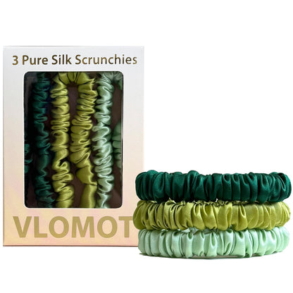 VLOMOT 3 Pcs Set 100% Pure Mulberry Silk Hair Scrunchies Hair Ties with 3 Chic Colors Everyday Skinny Scrunchies Silk Ponytail Holders Hair Care No Damage (Blue)