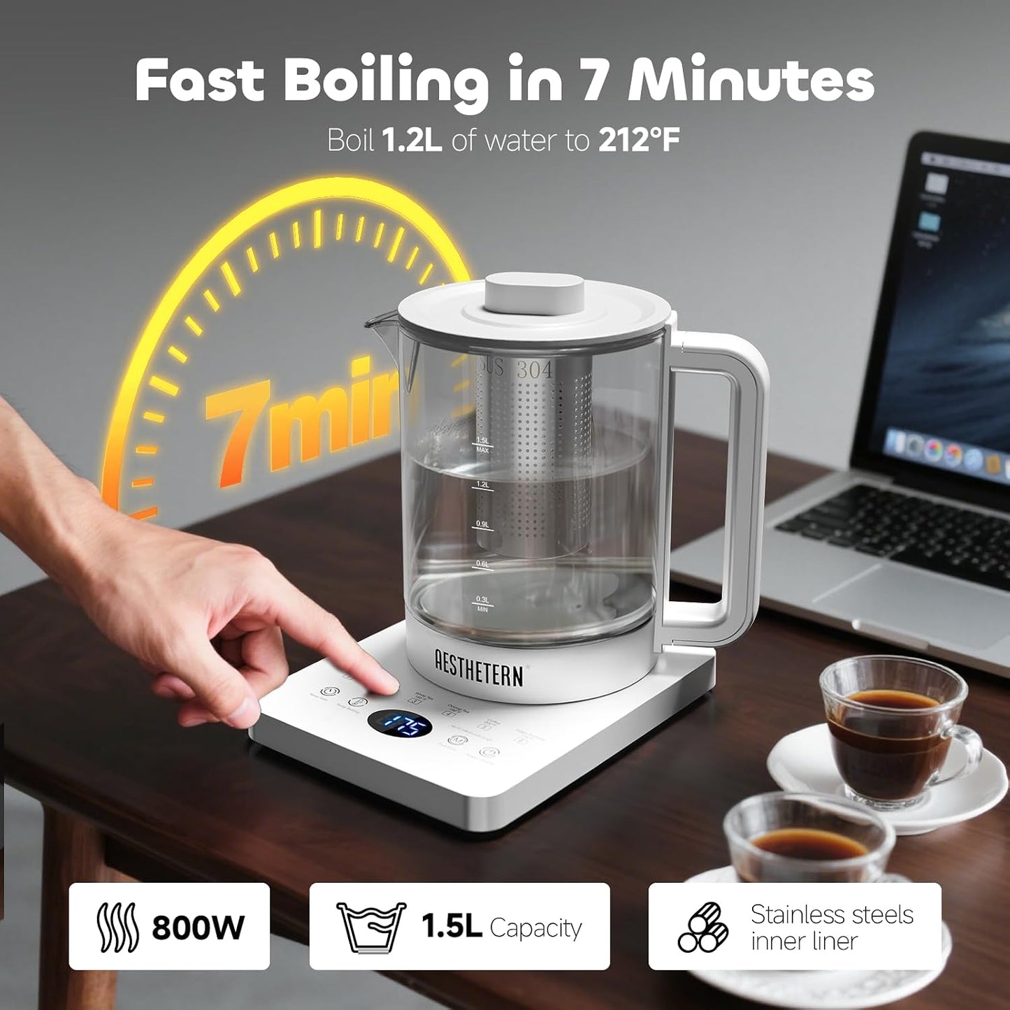 Electric Tea Kettle with Infuser Temperature Control and Automatic Shut Off 24 H Keep Warm for Coffee Water Heater and Tea Pot Glass Black 1.5L