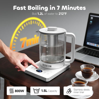 Electric Tea Kettle with Infuser Temperature Control and Automatic Shut Off 24 H Keep Warm for Coffee Water Heater and Tea Pot Glass Black 1.5L