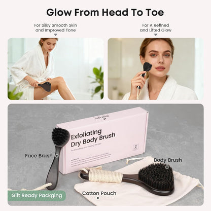 eaxun Bamboo Dry Brushing Set with Body and Face Brush, Dry Scrub Brush with Exfoliating Natural Boar Bristle for Lymphatic Drainage, Cellulite Reduction, Blood Circulation and Glowing Skin, 2 Pack