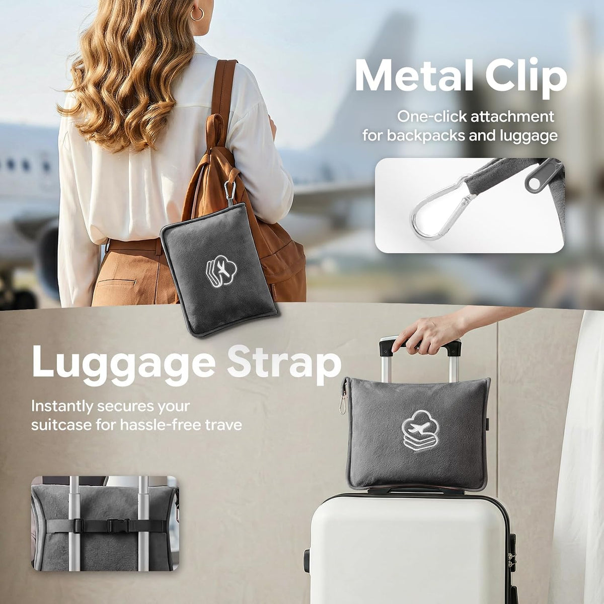 Travel Blanket, Soft 2-in-1 Airplane Blanket, 65x40 Inches, Travel Blanket Airplane Compact with Bag, Car Blanket with Luggage Sleeve & Backpack Clip (Light Grey)