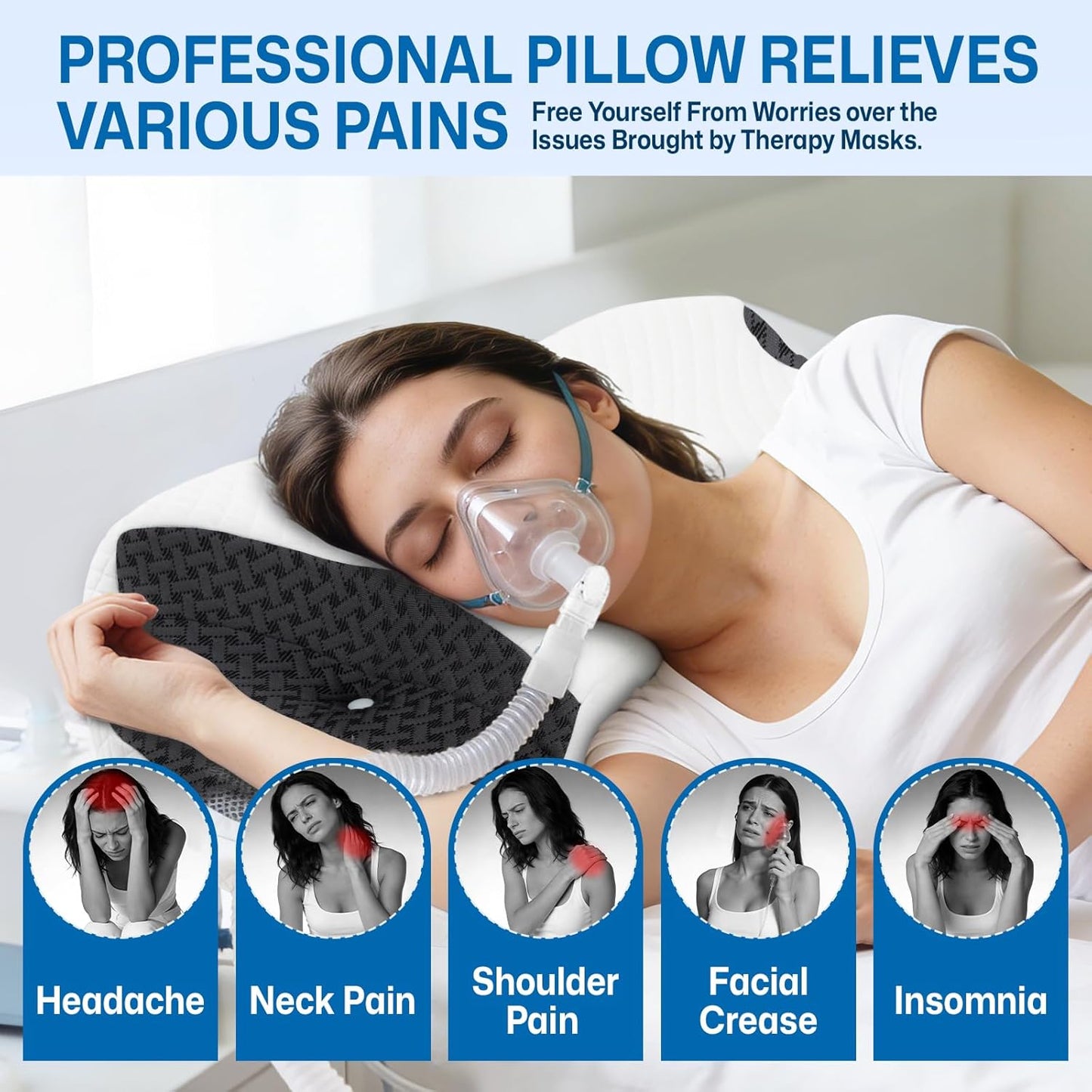 CPAP Pillow for Side & Back Sleepers - Mask Compatible Contour Design to Reduce Leaks, Breathable Memory Foam Pillow with Ergonomic Support & Hose-Friendly Cutouts for Comfortable Sleep, Grey
