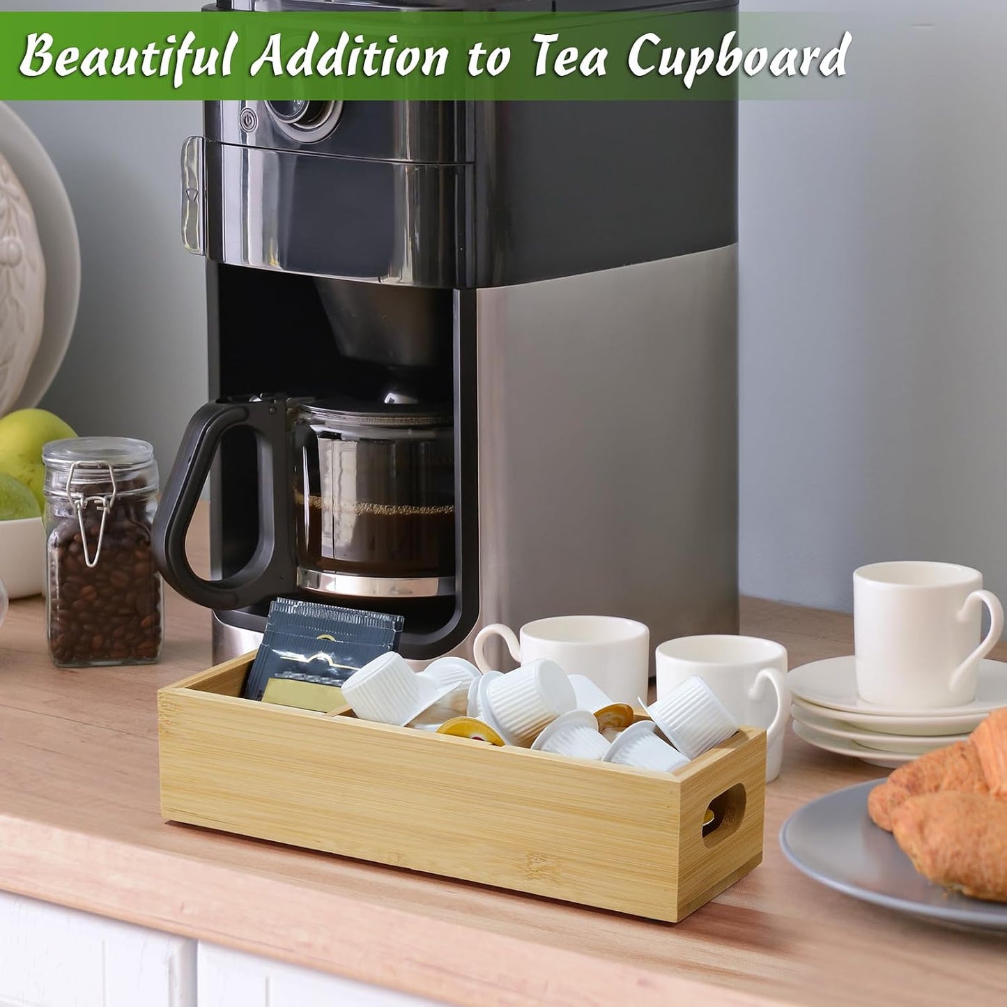 DRASTAR Tea Bag Organizer, Acacia Tea Bag Holder, Tea Storage Containers with 3 Slots, Wooden Tea Storage Accessories, Mini Tea Bag Caddy Box for Countertop