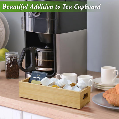 DRASTAR Tea Bag Organizer, Acacia Tea Bag Holder, Tea Storage Containers with 3 Slots, Wooden Tea Storage Accessories, Mini Tea Bag Caddy Box for Countertop