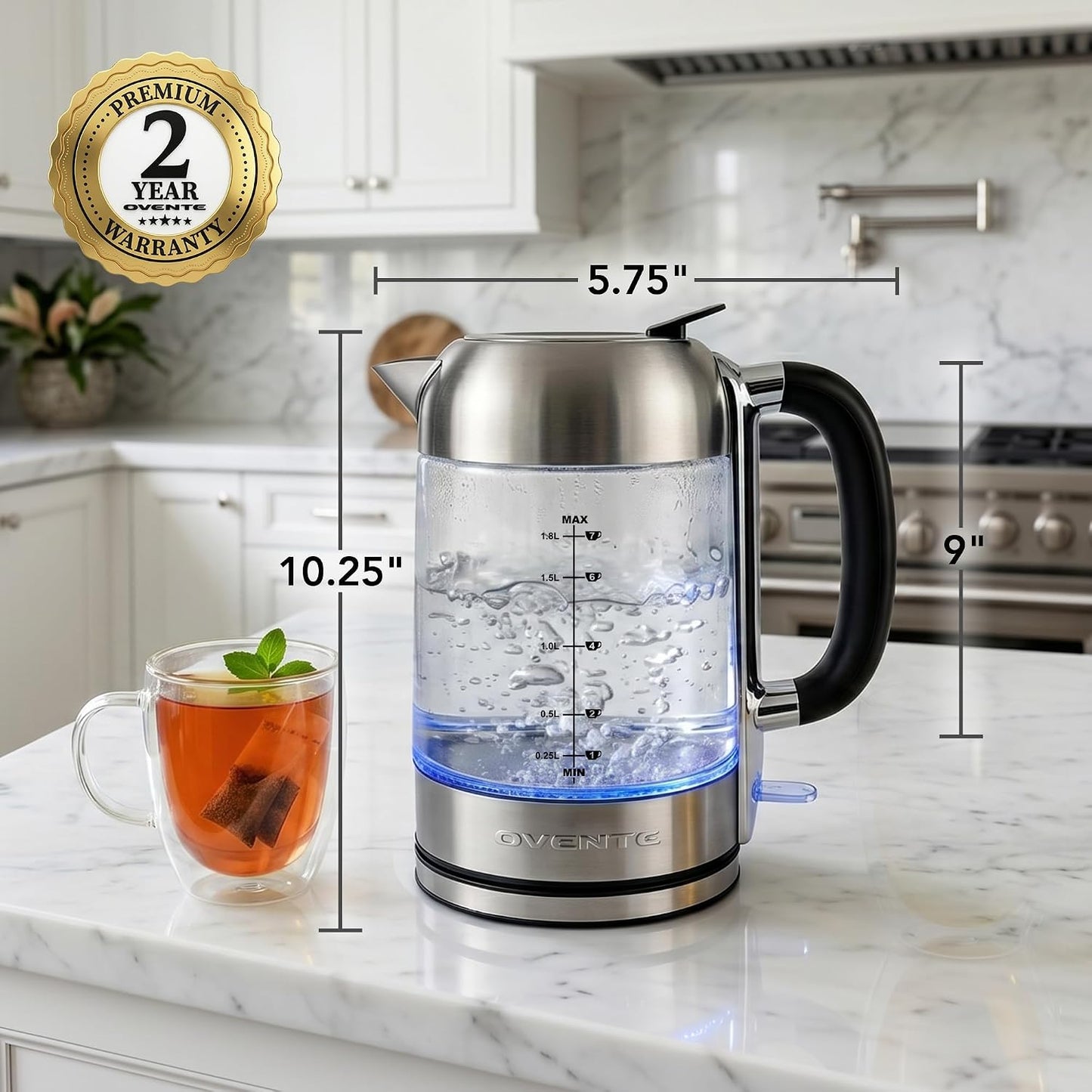 OVENTE 1.8L Glass Electric Kettle Water Boiler, Silver KG751S