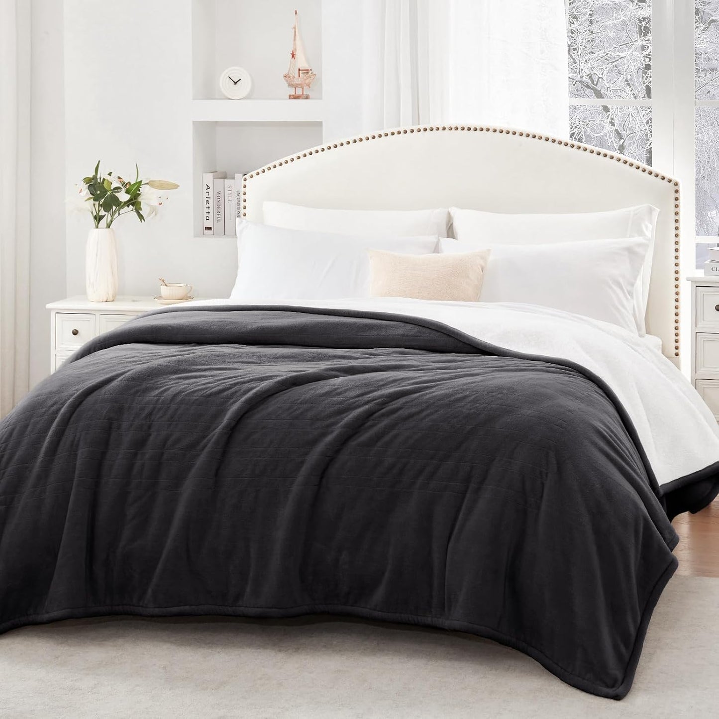 Sealy Electric Throw Blanket, Flannel & Sherpa Heated Throw with 6 Heating Levels & 2-10 Hours Auto Shut Off, Fast Heating & Machine Washable, 50x60 Inch, Light Grey
