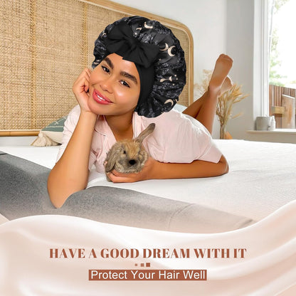 Satin Bonnet for Sleeping Cap Double Layer Hair Bonnet with Elastic Tie Band for Curly Hair Night Cap (Bean Paste + Pink)