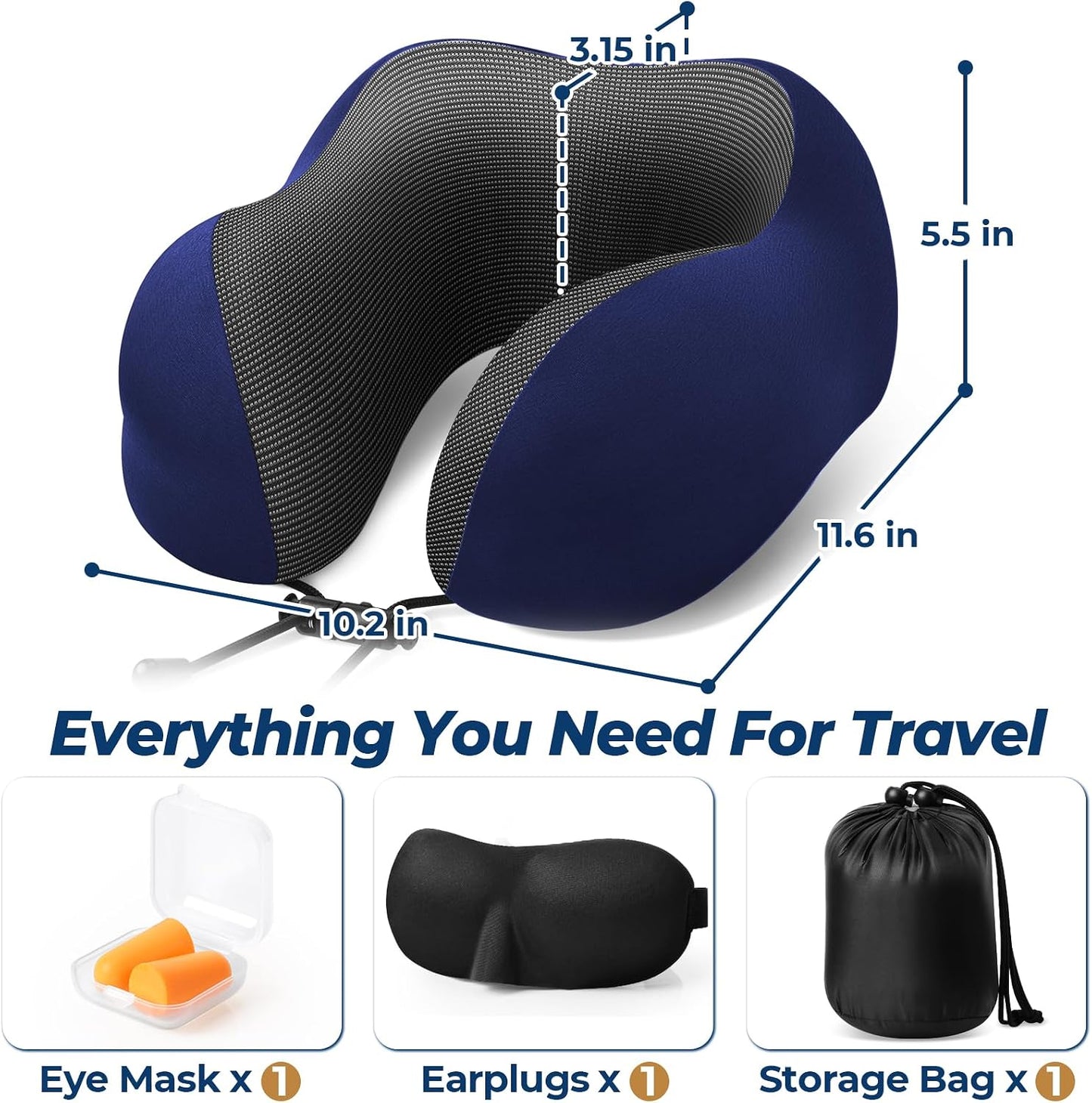 ExploreBliss Travel Pillow, Travel Pillows for Sleeping Airplane, Neck Pillow Airplane, Memory Foam Neck Pillow Set with Eye Mask, Earplugs and Storage Bag -Grey