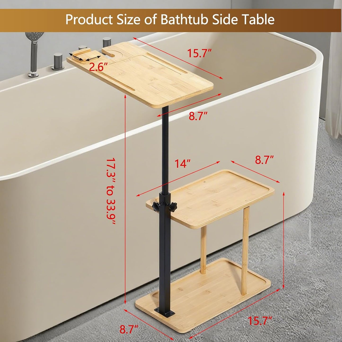 3 Layer Bathtub Tray Table,Bamboo Swivel Bathtub Side Table Height Adjustable,Freestanding Bathtub Tray for Tub Against Wall,Bathtub Accessories&Bathroom Organizer for Luxury Home Spa (Black)