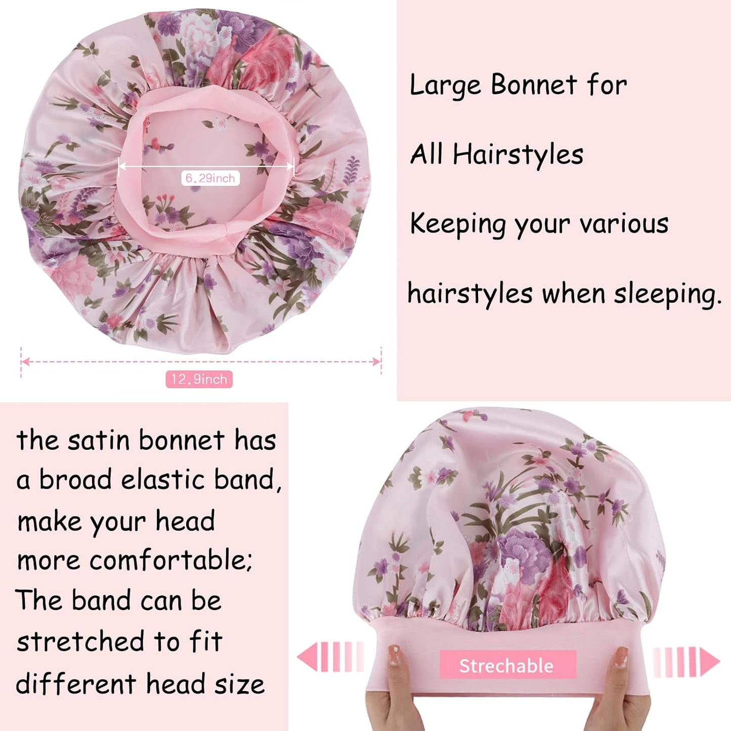 3 Pack Satin Bonnet Silk Hair Bonnet for Sleeping, Sleep Bonnets for Women Large Wide Soft Band Sleep Cap for Curly Hair Braids