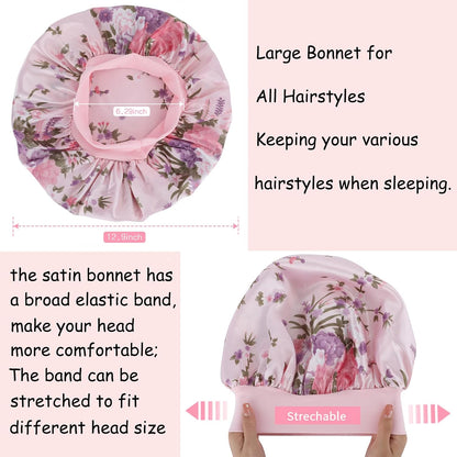 3 Pack Satin Bonnet Silk Hair Bonnet for Sleeping, Sleep Bonnets for Women Large Wide Soft Band Sleep Cap for Curly Hair Braids