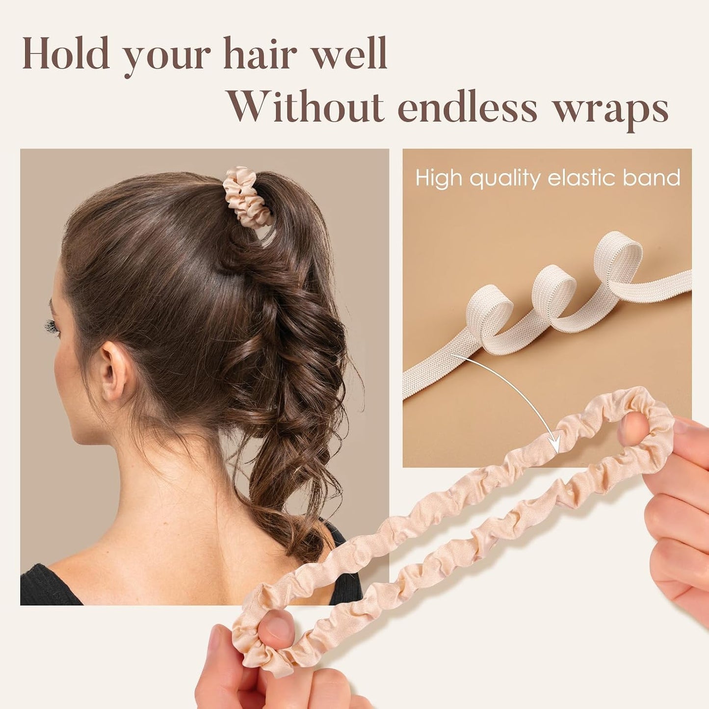 LULUSILK Small Silk Hair Ties No Damage, 100% Real Mulberry Silk, Skinny Scrunchies Ponytail Holders for Thin Fine Hair, Brown, Pack of 3