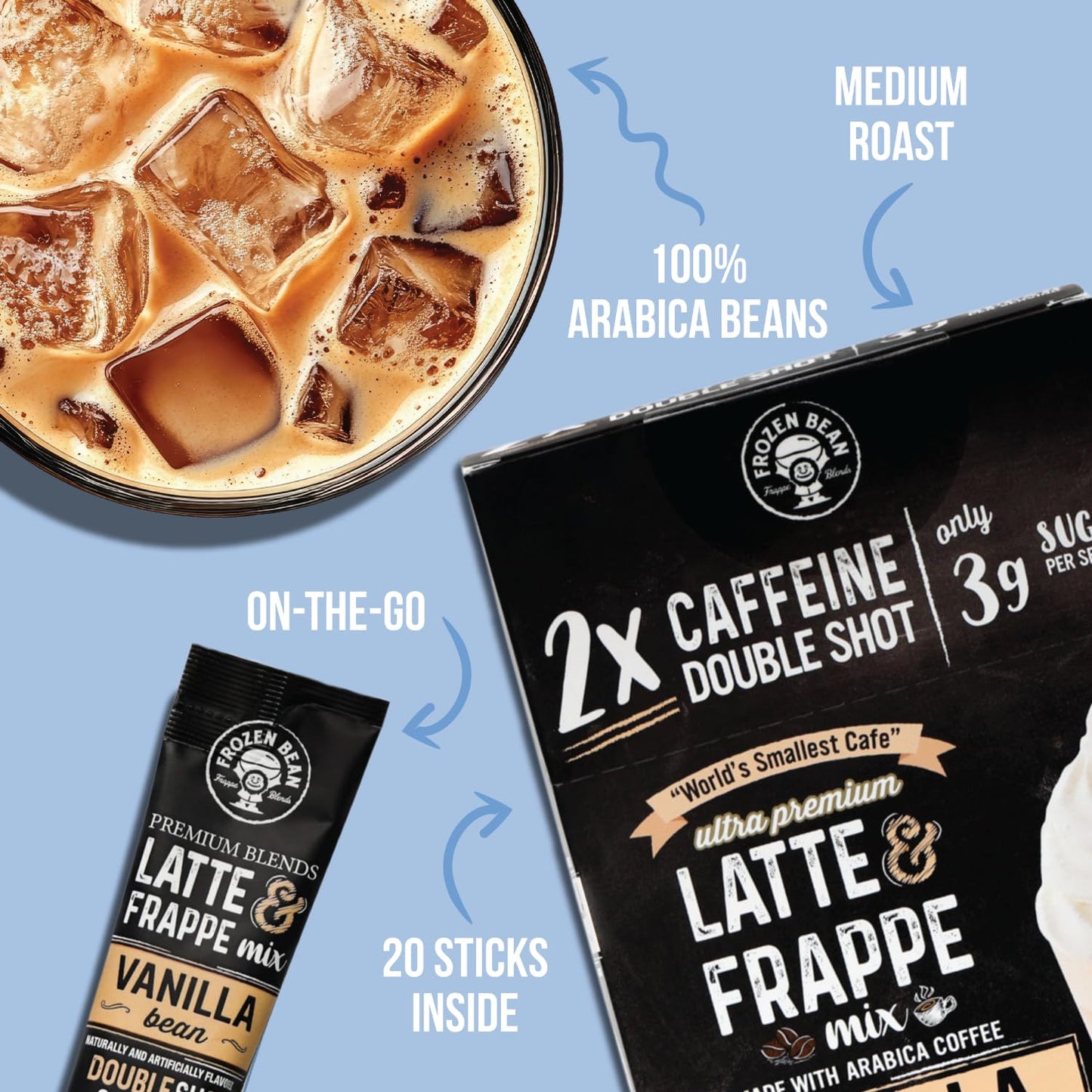 The Frozen Bean Vanilla Bean Frappe & Latte Instant Mix (10 Sticks), Made with Arabica Coffee, Double Shot Caffeine, Low Sugar & Premium Ingredients, Hot, Iced, or Blended Drinks