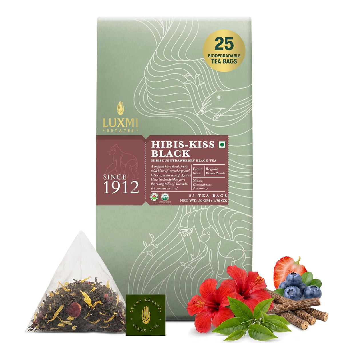 Luxmi Estates Hibis-Kiss Organic Hibiscus Tea (25 Tea Bags) Caffeinated Tea Bags For A Morning Boost and Natural Energy, With Certified Organic Black Tea