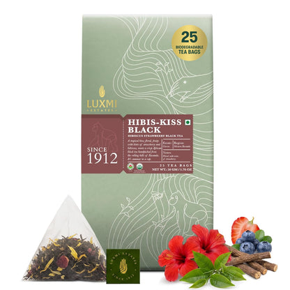 Luxmi Estates Hibis-Kiss Organic Hibiscus Tea (25 Tea Bags) Caffeinated Tea Bags For A Morning Boost and Natural Energy, With Certified Organic Black Tea