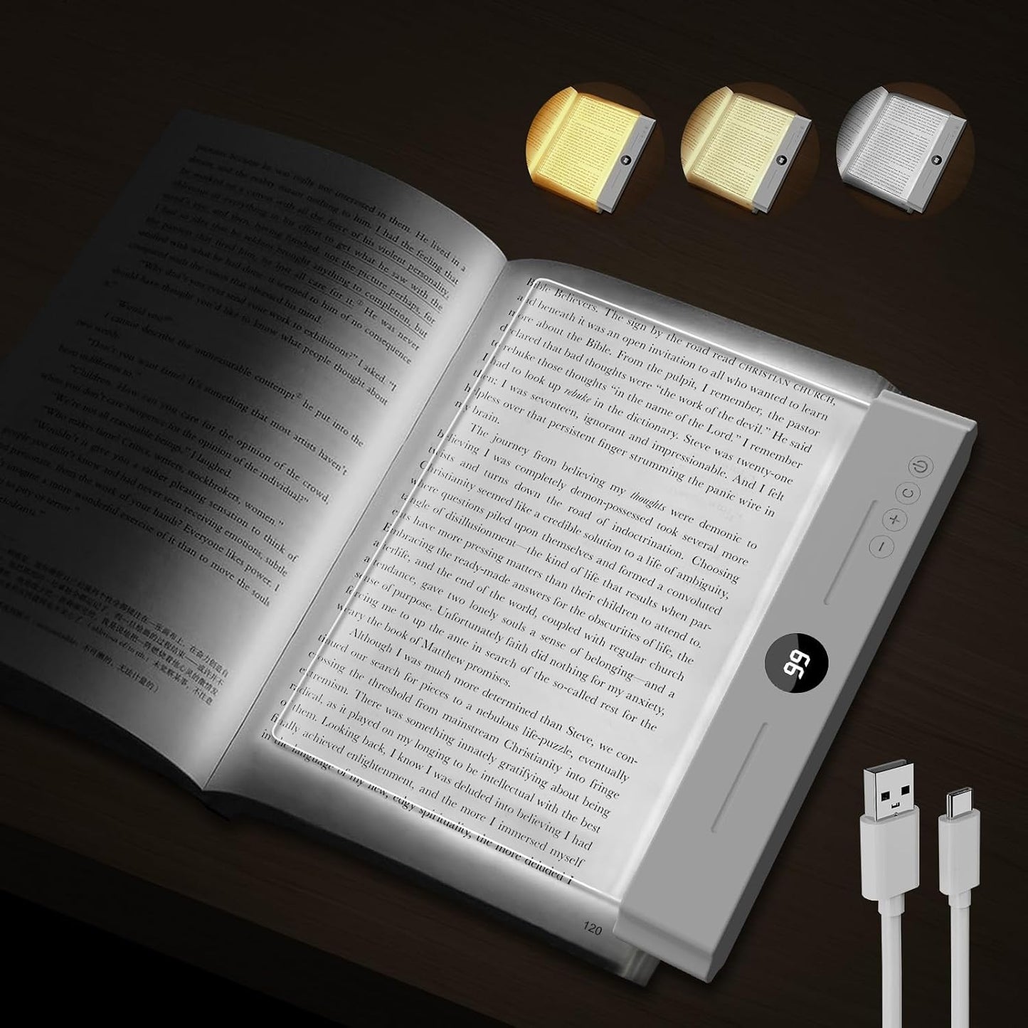 easuntec Book Light, Rechargeable Reading Light with Eye Protection - 3 Color Temps Timer Dimmable, Book Lights for Reading at Night, Flat Book Lights Gifts for Book Lovers Students Readers (Black)