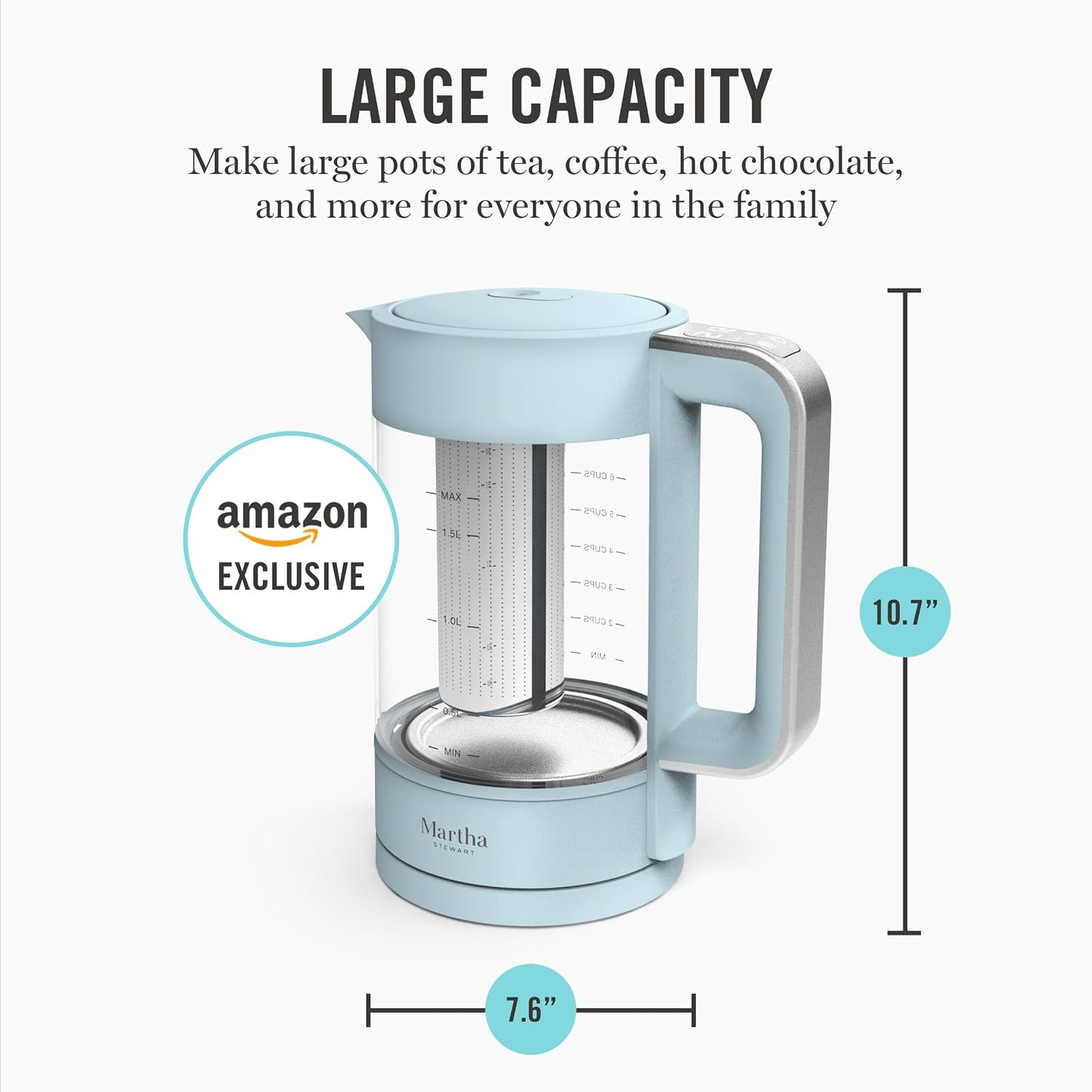 Martha Stewart Electric Kettle with Removable Stainless Steel Tea Infuser, Glass Carafe 1.7L (7 Cups), Hot Water Boiler, 4 Presets, Keep Warm & Auto Shut-Off, Cordless 360° Swivel Base, Honeydew Green