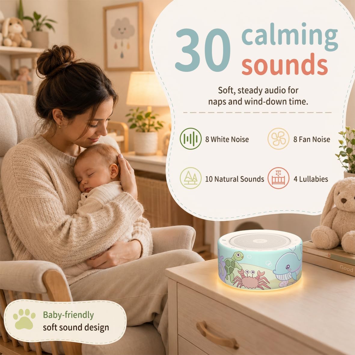Kipcush White Noise Machine for Baby & Adults, 30 Soothing Sounds, Soft Non-Glare Nursery Lamp, 8 Color Night Lights, Memory Function (Angel V1 White, Standard)