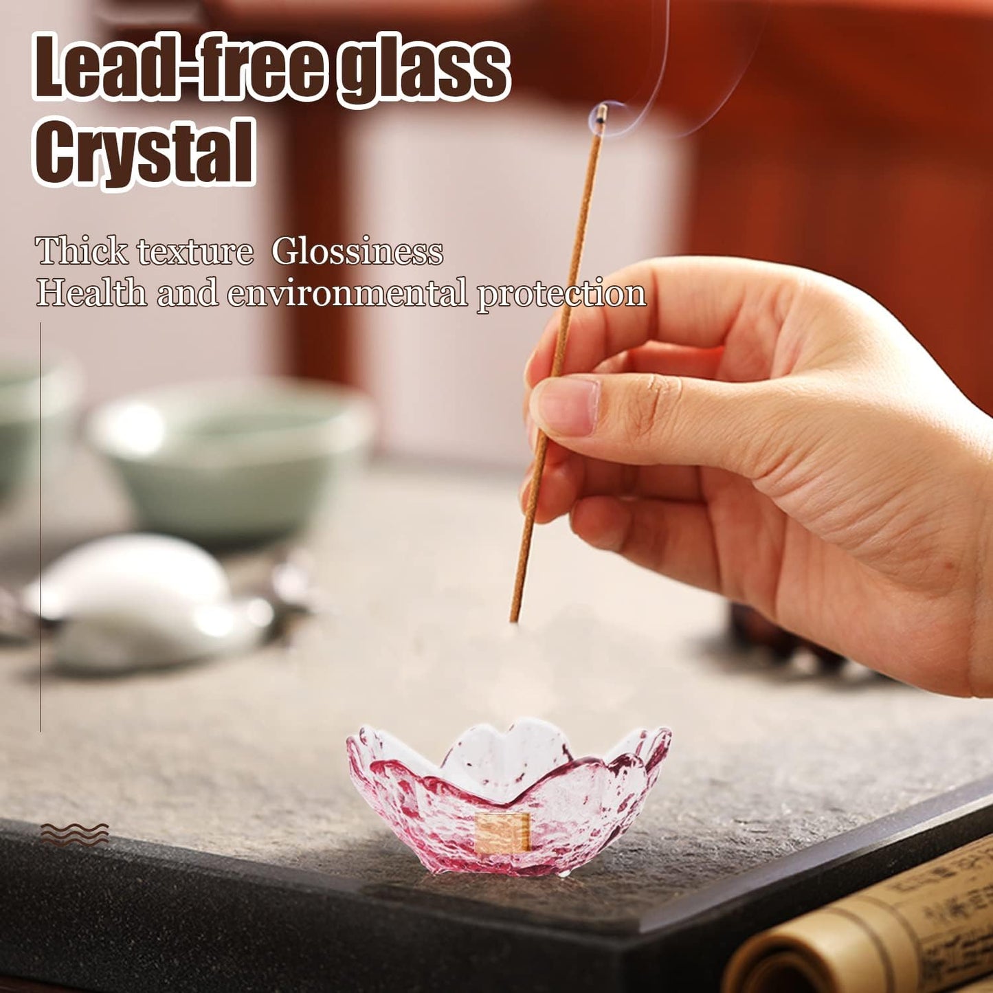Incense Holder for Sticks and Backflow Incense, Handmade Glass Cherry Blossom Incenses Stick Holder with 9 Incenses Holes Incenses Burner Ash Catcher Ideal for Incense Burning, Home & SPA Decor