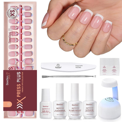 Beetles Press On Nail Kit-Short Square French Tip Press On Nails, 150Pcs Pink French Nail Tips with Nail Glue & Remover Builder Top Coat Nail Lamp, All-in-One DIY Fake Nails Gift for Women