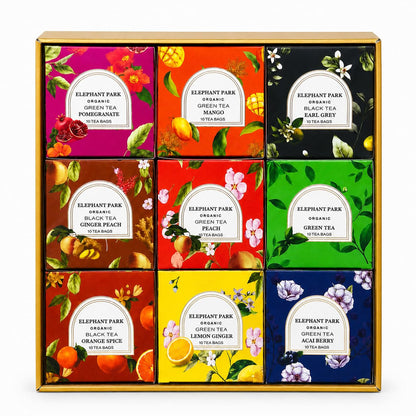 Premium Organic Holiday Tea Bag Sampler Gift Box - 90 Bags 9 Exotic Flavors Herbal Orange Spice, Mango, Earl Grey, Pomegranate, Peach, Green, Ginger Peach, Lemon Ginger, Acai Berry