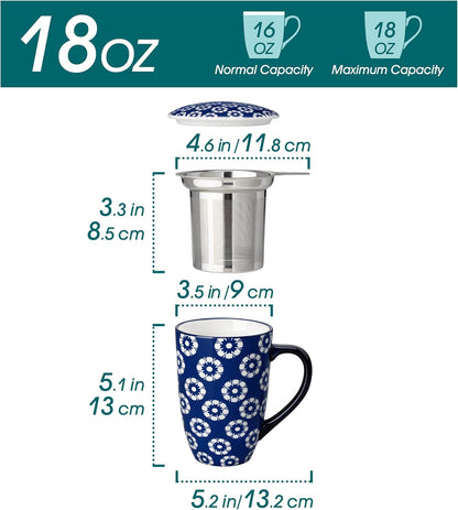 vancasso SELENE Porcelain Tea Mug, 18 oz Porcelain Tea Cup with Infuser and Lid Steeps Loose Leaf Tea, Microwave & Dishwasher Safe, Blossom Cluster