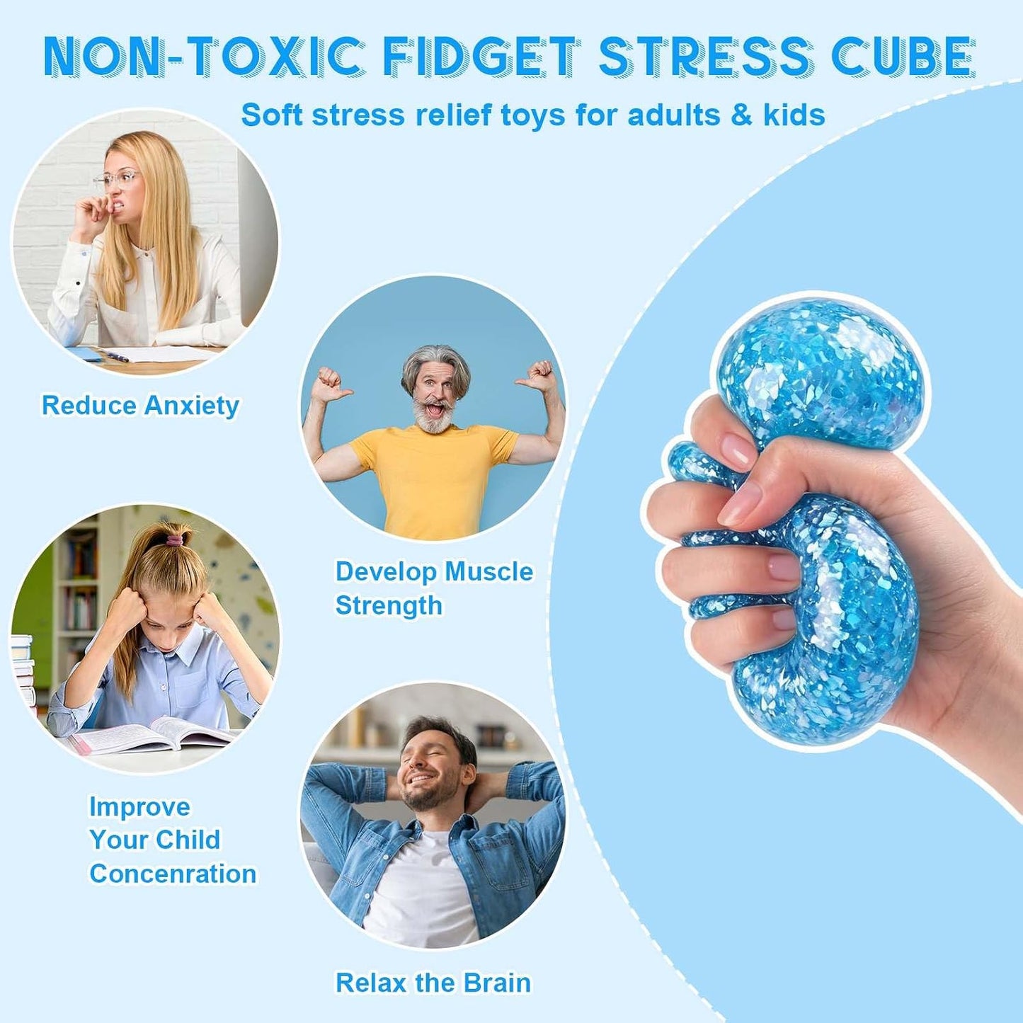 Square Squishy Squeeze Fidget Toys: Stress Relief Toys for Men Super Soft Slow Rising Cube - Sensory Desk Toys for Office Stress, Anxiety Relief & Focus - Cool Birthday Party Favors for Teens & Adults