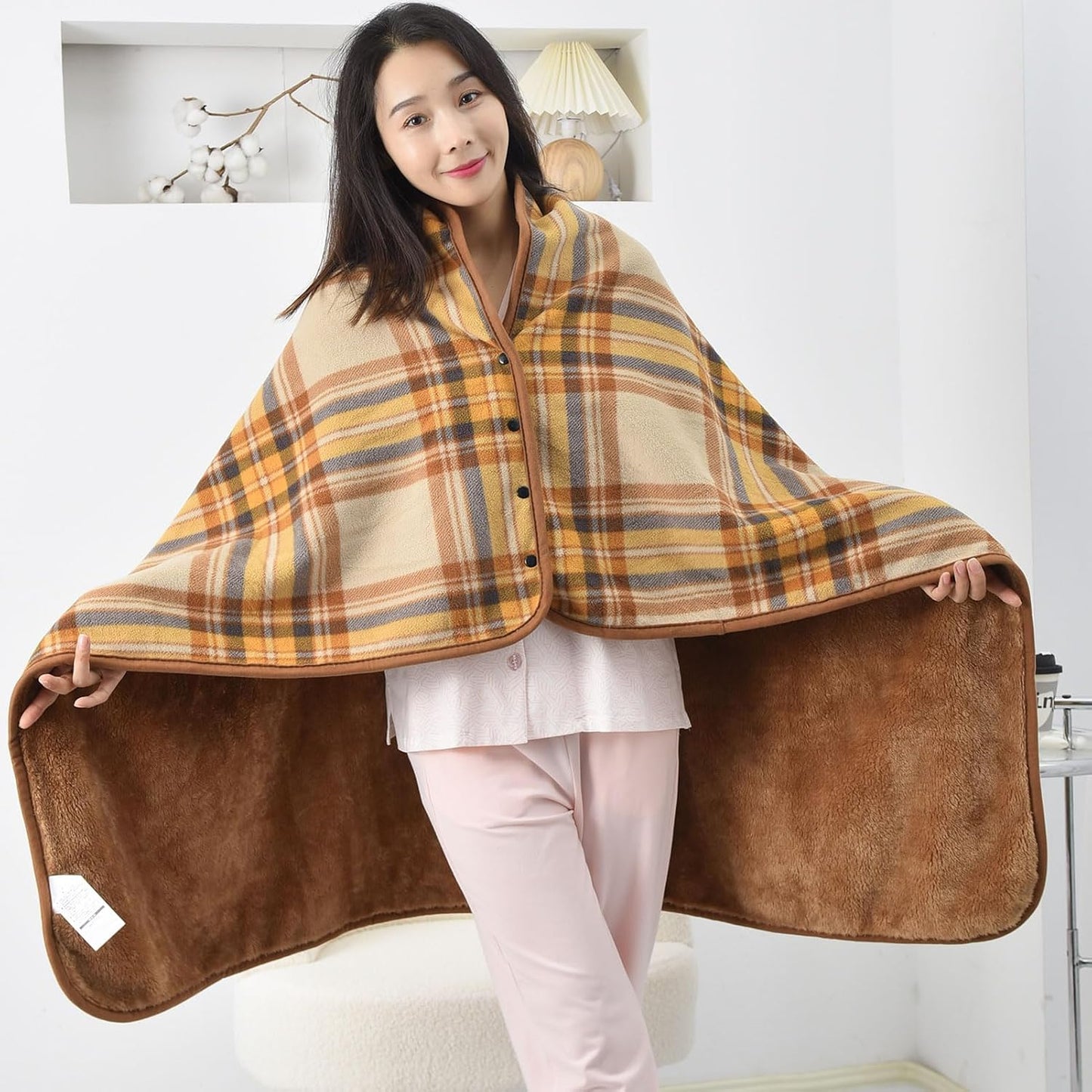 forestfish Fleece Wearable Blanket, Plaid Lap Blanket Comfy Poncho Throw with Buttons for Bed Sofa Office, Grey-White