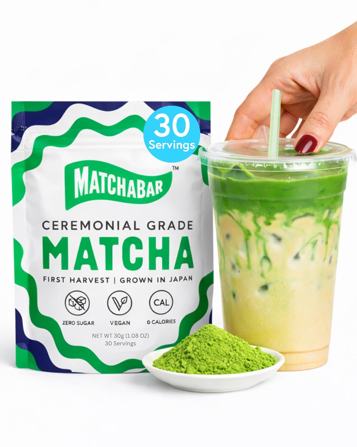 Matchabar Matcha Powder (30g) - Ceremonial Grade Authentic Japanese Matcha Green Tea - Matcha Green Tea Harvested in Japan - Matcha Tea Powder Latte - Zero Sugar, Vegan & 0 Calories