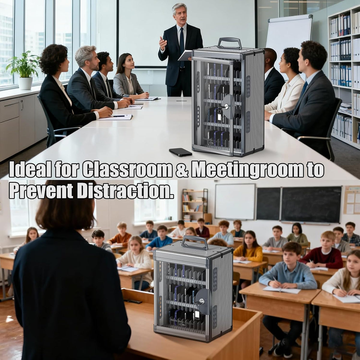 36 Slots Cell Phone Locker for Classroom with Key, Portable Mobile Phone Storage Box with Handle & Charging Hole, Phone Lock Box Wall Mounted for School (Black, 36 Slots)