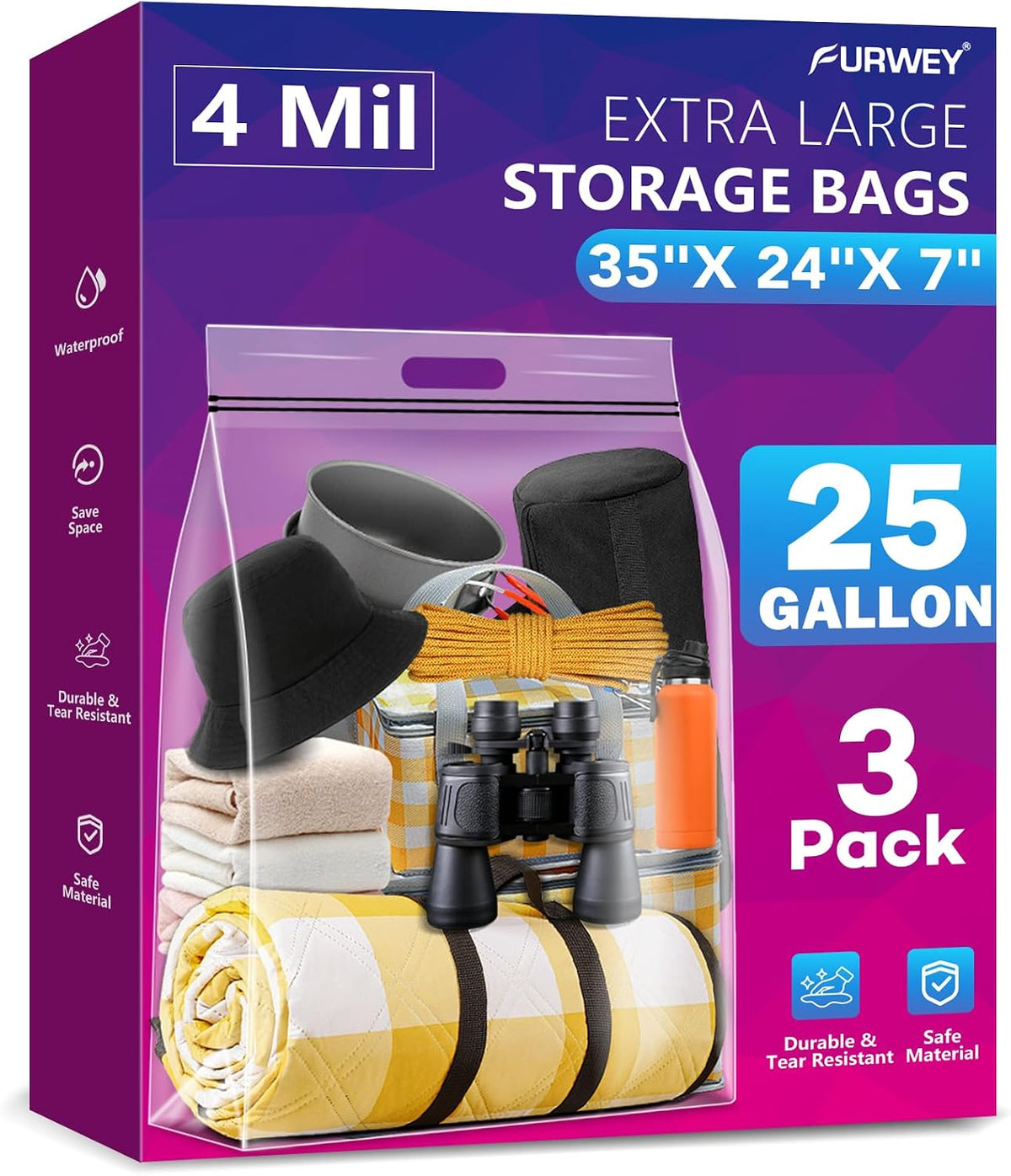 FURWEY 25 Gallon Storage Bags,35x24,Clear Resealable,Heavy Duty 4 Mil