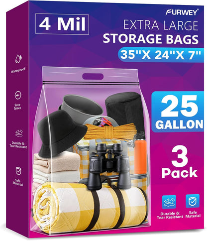 FURWEY 25 Gallon Storage Bags,35x24,Clear Resealable,Heavy Duty 4 Mil