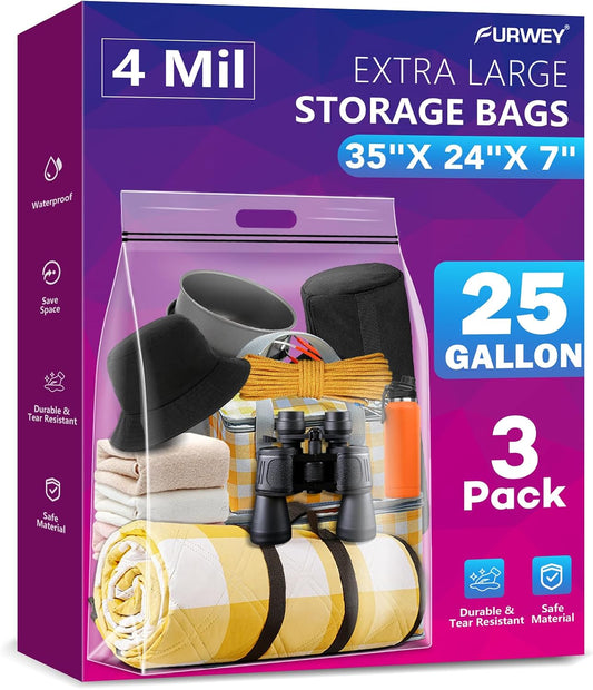 FURWEY 25 Gallon Storage Bags,35x24,Clear Resealable,Heavy Duty 4 Mil