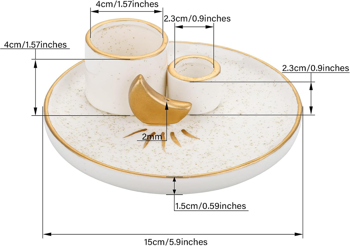 ZenBless Multifunction Incense and Candle Holder for Burning Sage, Palo Santo, Incense Sticks - 5.9" Ceramic Ash Catcher Tray for Meditation Room Home Decor Spritual Gifts (Gold)