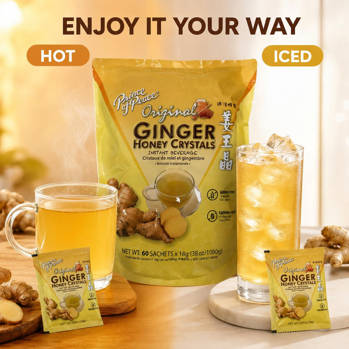 Instant Ginger Honey Crystals Family Value Pack 60 Sachets 18g per Sachets (Total 38oz/ 1080g) By Prince of Peace