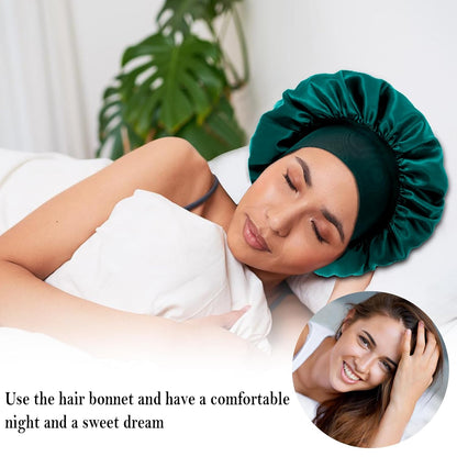4Pcs Silk Satin Bonnets for Sleeping - Elastic Wide Band Wrap for Black Women Men,Silk Bonnets for Curly Hair,Large Hair Cap for Sleeping (Black+Wine Red+Purple+Brown)