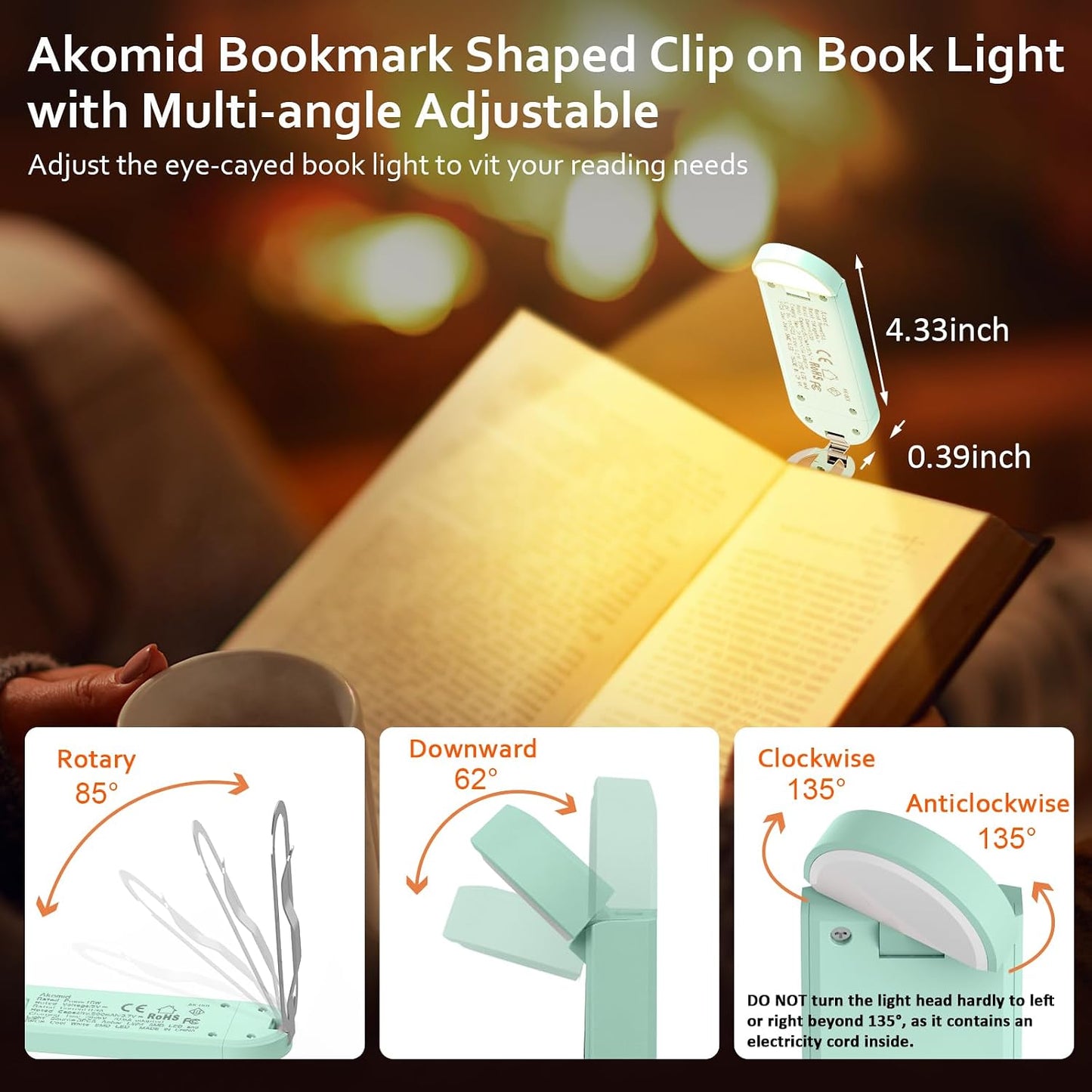 Akomid USB Rechargeable Book Light for Reading in Bed, 8 LEDs Bookmark Style Clip on, Eye-Cared Amber Light Mode for Kids, Blue Light Blocking, Stepless Dimming,Khaki