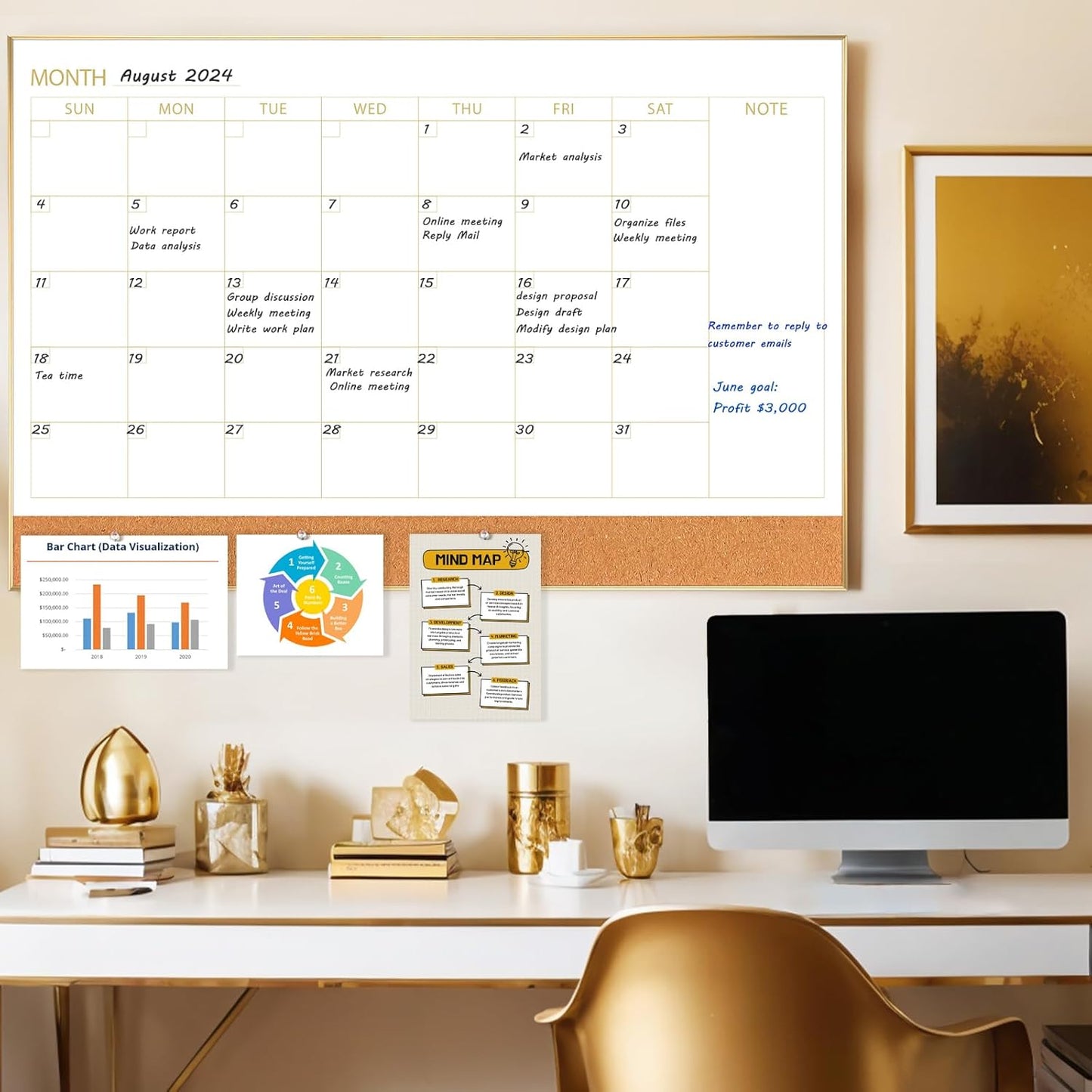ARCOBIS Dry Erase Calendar with Cork Board for Wall, 24"x 18" Magnetic Calendar Whiteboard with Black Frame, Monthly Combination Board for School, Home, Office