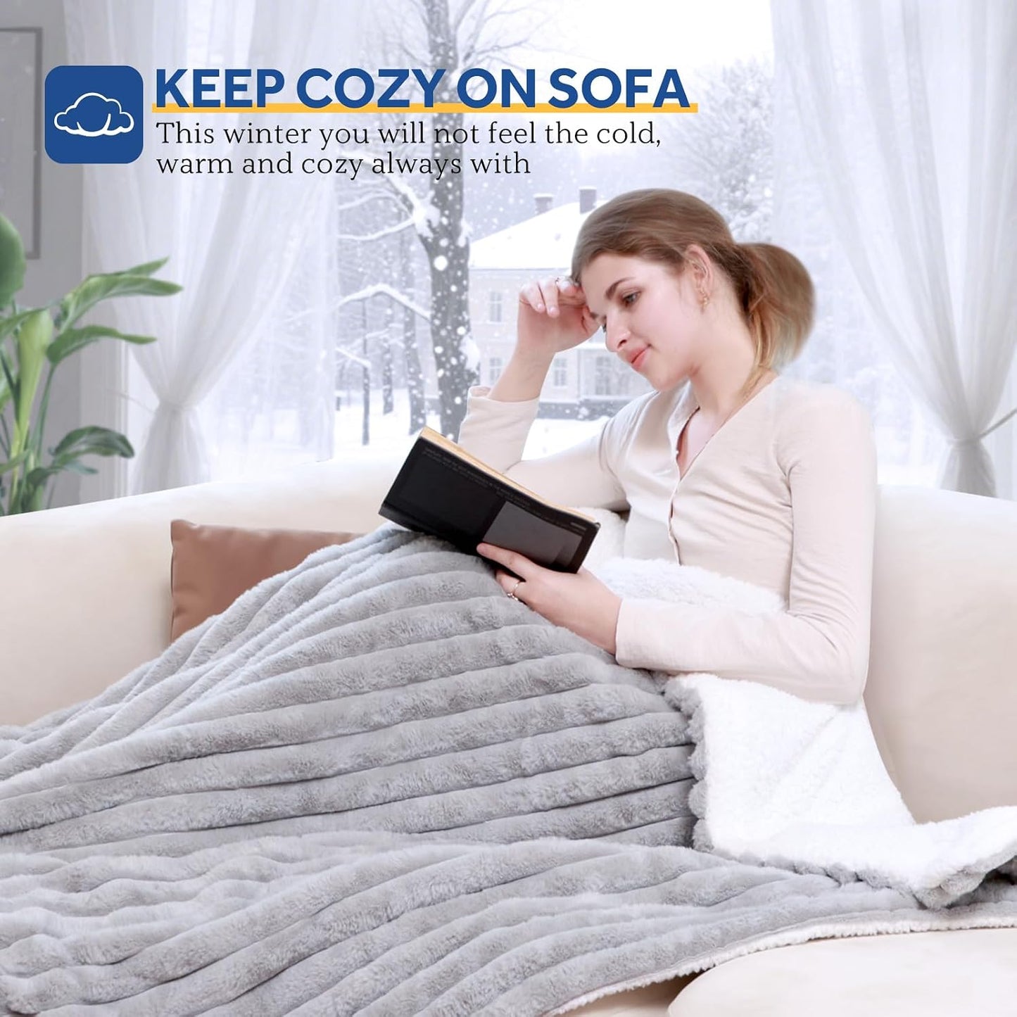 Sealy Electric Blanket Throw Size 50"*60",Super Cozy Faux Fur to Sherpa Reversible Heated Blanket Throw with 6 Heating Levels & 2-10 Hours Auto Off Overheating Protection Machine Washable,Blue White