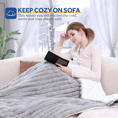 Sealy Electric Blanket Throw Size 50"*60",Super Cozy Faux Fur to Sherpa Reversible Heated Blanket Throw with 6 Heating Levels & 2-10 Hours Auto Off Overheating Protection Machine Washable,Blue White