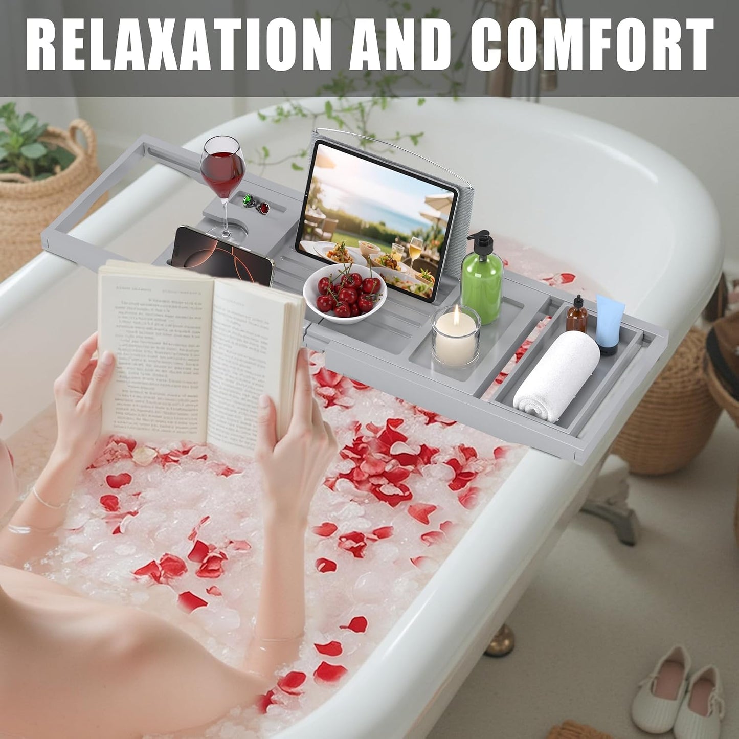 Foldable Bathtub Caddy Tray for Tub,Bamboo Expandable Bath Table Trays,Premium Bathroom Accessories for New Home & Mothers Day & Birthday Gifts for Couples,Natural