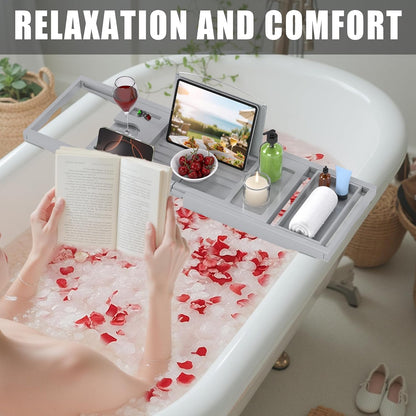 Foldable Bathtub Caddy Tray for Tub,Bamboo Expandable Bath Table Trays,Premium Bathroom Accessories for New Home & Mothers Day & Birthday Gifts for Couples,Natural