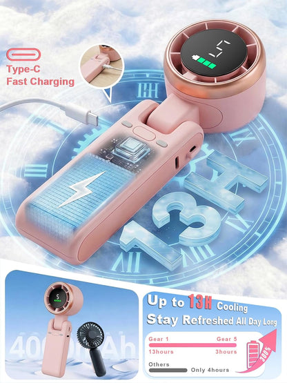 Portable Handheld Turbo Fan, 5 Gear Wind, Battery Operated, Up to 13 Working Hours Rechargeable Fan, 3 IN 1 Hand Fans with Air Turbo Tech Cooling Fan for for Travel, Beach, Outdoor - Black