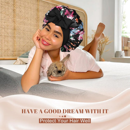 Satin Bonnet for Sleeping Cap Double Layer Hair Bonnet with Elastic Tie Band for Curly Hair Night Cap (Bean Paste + Pink)