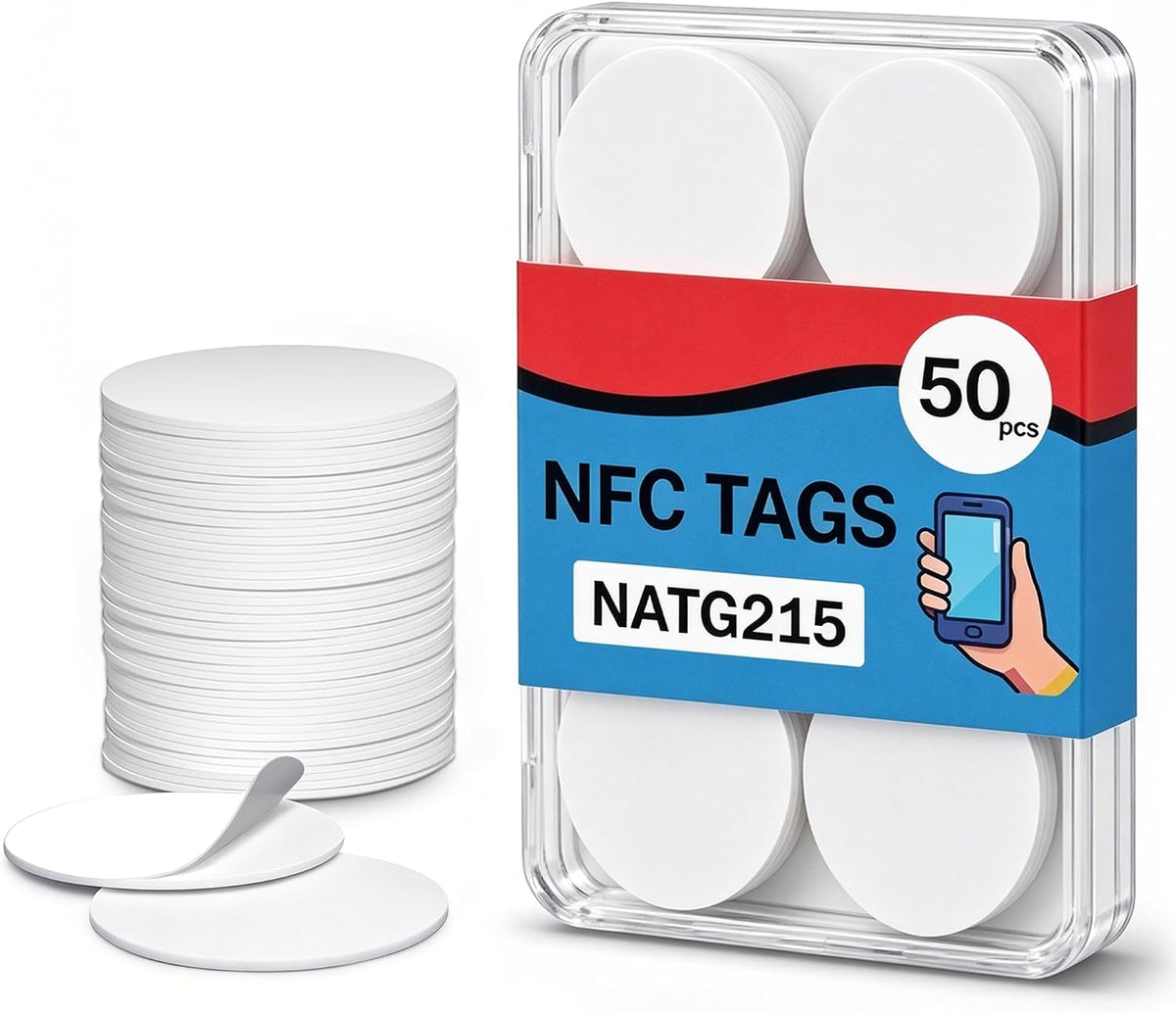 50 Count NTAG215 NFC Tags, 1 Inch Programmable NFC Stickers with Adhesive