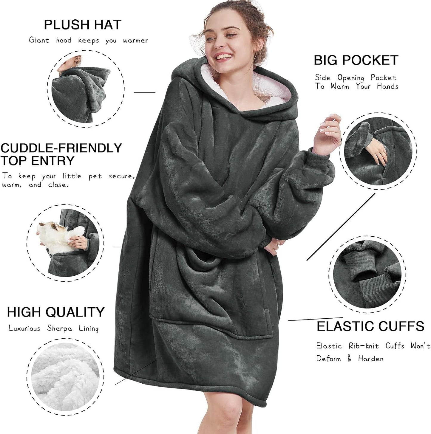 Aemilas Wearable Blanket Hoodie - Warm Sherpa Blanket Sweatshirt as Gifts for Adult Women Mom Men, One Size Fits All