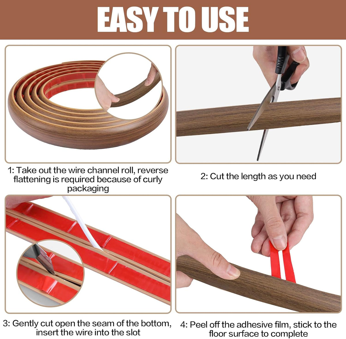 Floor Cord Cover Self Adhesive Cord Hider,10FT Cable Management, Extension Strip Protector for Wires, Prevent Cable Trips for Offices, Gyms, Exhibitions Cavity 0.39"(W) x 0.27"(H) BrownWood